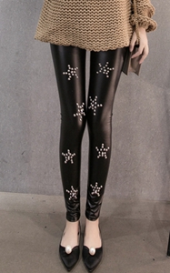 SZ60085 Women Trendy Studded Lace Rivet Leggings Thermal Faux Leather Pants